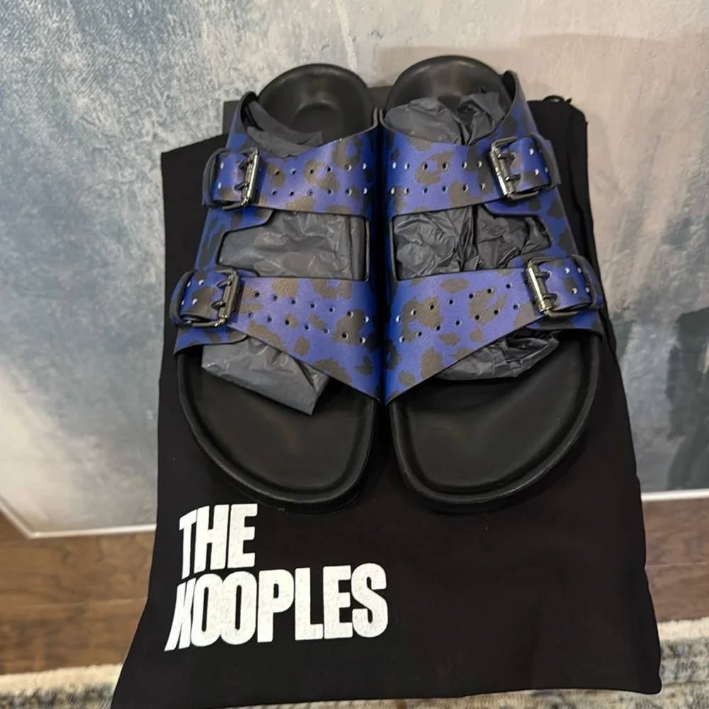 NWT The Kooples Unisex/Men’s Blue Leopard-print Leather Sandals